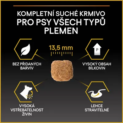 Kompletné suché krmivo pre psy všetkých plemien, veľkosť granule 13,5 mm. Bez pridaných farbív, vysoký obsah bielkovín, vysoká vstrebateľnosť živín, ľahko stráviteľné. Text v češtine.