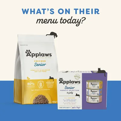 Pienso seco y pack de latas Applaws Senior para gatos mayores, variedad en gelatina. Texto visible en inglés: 'WHAT'S ON THEIR menu today?'.