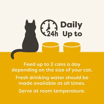 Feeding guide: up to 2 cans daily depending on cat size. Fresh drinking water should be available at all times. Serve at room temperature. Text in English.