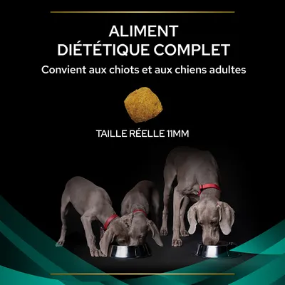 Aliment diététique complet, convient aux chiots et aux chiens adultes. Croquette taille réelle 11 mm. Trois chiens gris avec collier rouge mangent dans des gamelles en métal.