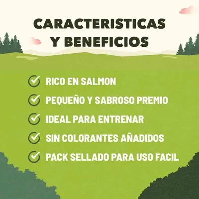 Características y beneficios: rico en salmón, pequeño y sabroso premio, ideal para entrenar, sin colorantes añadidos, pack sellado para uso fácil.