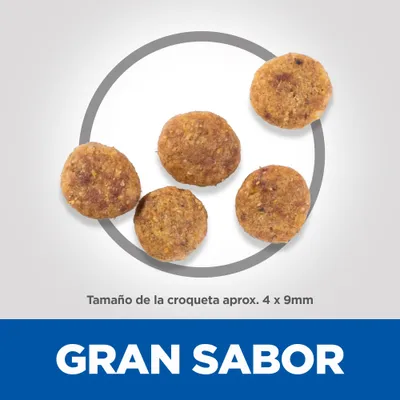 Croquetas redondas de pienso, tamaño aproximado 4 x 9 mm. Texto visible: GRAN SABOR.