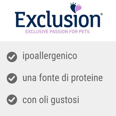 Exclusion. Exclusive passion for pets. ipoallergenico, una fonte di proteine, con oli gustosi.