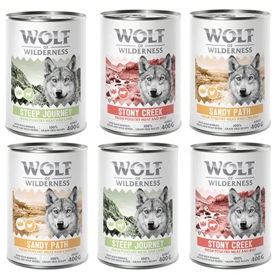 Wolf of Wilderness Nassfutter für Hunde, Sorten: Steep Journey (Geflügel, Lamm), Stony Creek (Geflügel, Rind), Sandy Path (Geflügel, Huhn), 400g Dosen, getreidefrei, mit Wildkräutern.