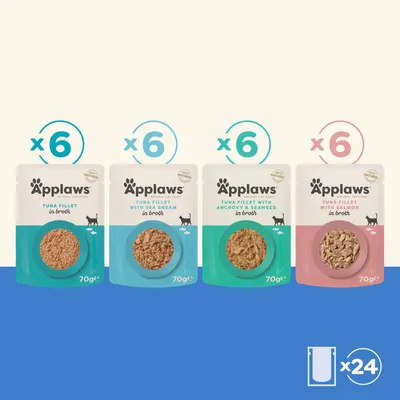Applaws kattefoder multipakke: 6 x tunfilet, 6 x tunfilet med havbrasen, 6 x tunfilet med ansjos & tang, 6 x tunfilet med laks, i alt 24 poser à 70 g. Applaws kattefoder multipakke: 6 x tunfilet, 6 x tunfilet med havbrasen, 6 x tunfilet med ansjos & tang, 6 x tunfilet med laks, i alt 24 poser à 70 g.