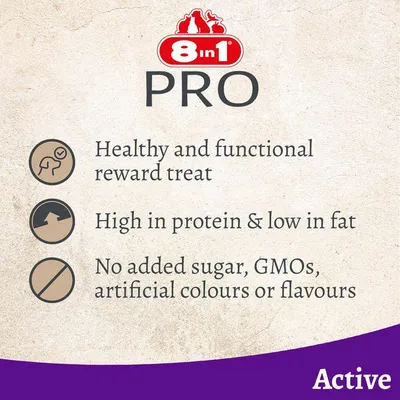 8in1 PRO. Sund og funktionel belønningssnack, højt proteinindhold, fedtfattig, uden tilsat sukker, GMO, kunstige farvestoffer eller aromaer. Active. 8in1 PRO. Sund og funktionel belønningssnack, højt proteinindhold, fedtfattig, uden tilsat sukker, GMO, kunstige farvestoffer eller aromaer. Active.