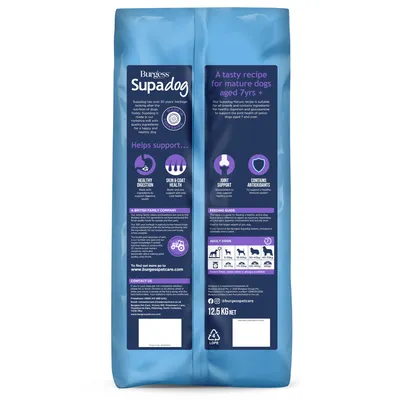 Back of Burgess Supadog bag showing benefits for mature dogs aged 7 years plus, including healthy digestion, skin and coat health, joint support, antioxidants, and a feeding guide by weight.