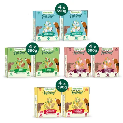 Naturediet Feel Good multipacks: 4 x 390g boxes in White Fish, Lamb, Salmon with White Fish, and Chicken varieties, each with rice and vegetables.