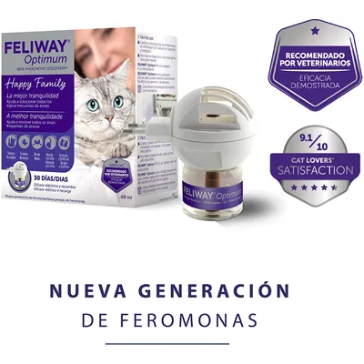 Feliway Optimum difusor eléctrico con recambio de 48 ml, caja con imagen de gato. Texto visible: 'Recomendado por veterinarios', 'Eficacia demostrada', '9.1/10 Cat Lovers' Satisfaction'.