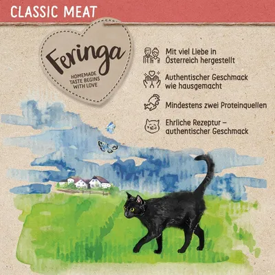 Feringa Classic Meat. Valmistettu rakkaudella Itävallassa, aito kotitekoinen maku, vähintään kaksi proteiinilähdettä, rehellinen resepti.