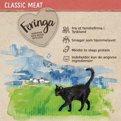 Feringa Classic Meat. Homemade taste begins with love. Fra et familie­firma i Tyskland, smager som hjemmelavet, mindst to slags protein, indeholder kun de angivne ingredienser.