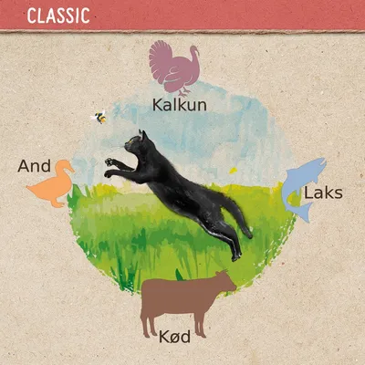 Illustration med sort kat og tekst: Classic, Kalkun, And, Laks, Kød. Dyreikoner for kalkun, and, laks og ko vises omkring katten.