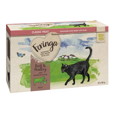 Feringa Classic Meat, Beef & Poultry with potato & catnip, Adult. Ricetta senza cereali. Confezione da 12 x 85 g di alimento per gatti, illustrazione di gatto nero e paesaggio.