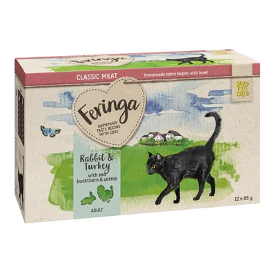 Feringa Classic Meat Rabbit & Turkey with sea buckthorn & catnip, recette sans céréales, 12 x 85 g, pour chat adulte. Texte en anglais sur l’emballage.