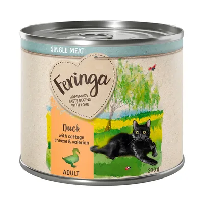 Feringa Single Meat Adult Katzenfutter, Sorte Ente mit Hüttenkäse und Baldrian, 200g Dose. Homemade taste begins with love.