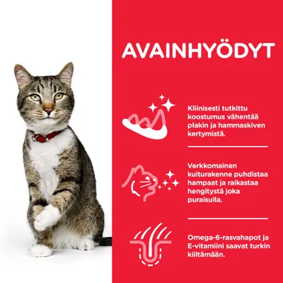 AVAINHYÖDYT: Kliinisesti tutkittu koostumus vähentää plakin ja hammaskiven kertymistä. Verkkomainen kuiturakenne puhdistaa hampaat ja raikastaa hengitystä. Omega-6 ja E-vitamiini kiillottaa turkin.