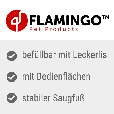 Flamingo Pet Products. Täytettävä herkuilla, käyttöalueilla, tukeva imukuppi.