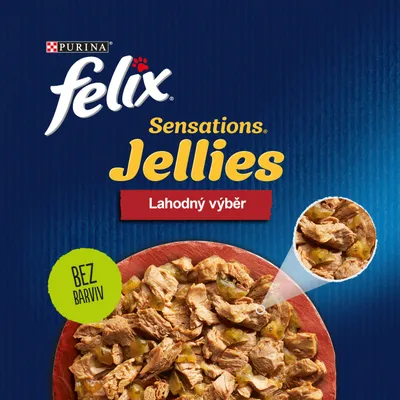 Purina felix Sensations Jellies Lahodný výběr, BEZ BARVIV, miska s kousky masa v želé