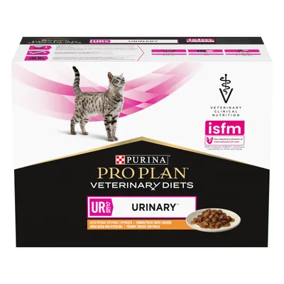 Purina Pro Plan Veterinary Diets Urinary, tender pieces with chicken. Veterinary clinical nutrition, ISFM endorsed. Image shows food pieces and a cat.