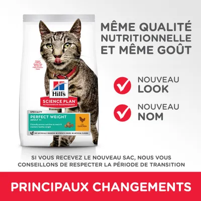 Hill's Science Plan Perfect Weight Adult 1+ Chicken pour chat. Même qualité nutritionnelle et même goût, nouveau look, nouveau nom. Principaux changements indiqués.