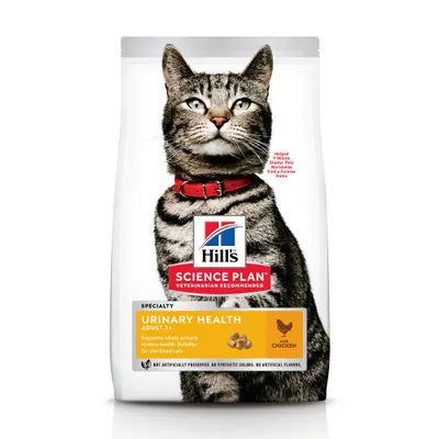 Hill's Science Plan Urinary Health Adult 1+ con pollo. Indicado para gatos esterilizados. Sin conservantes ni colorantes sintéticos. Imagen de envase con gato gris y collar rojo.