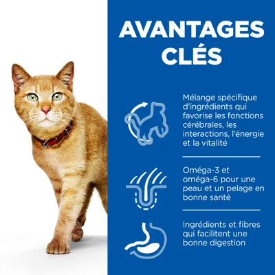 AVANTAGES CLÉS : Mélange spécifique d’ingrédients pour fonctions cérébrales, énergie, vitalité. Oméga-3 et 6 pour peau et pelage sains. Ingrédients et fibres pour bonne digestion.