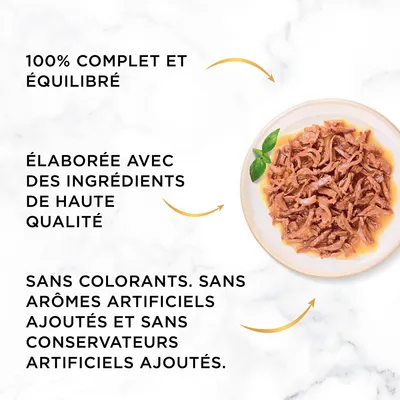 100% complet et équilibré. Élaborée avec des ingrédients de haute qualité. Sans colorants, sans arômes artificiels ajoutés et sans conservateurs artificiels ajoutés.
