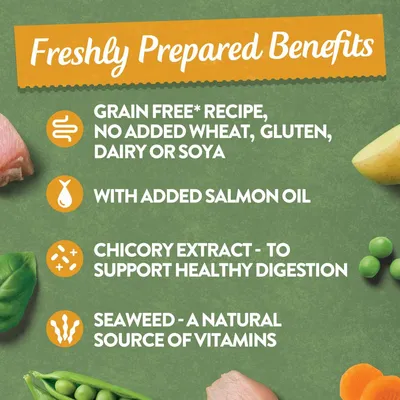 Freshly prepared benefits: grain free recipe with no added wheat, gluten, dairy or soya; added salmon oil; chicory extract for healthy digestion; seaweed as a natural vitamin source.