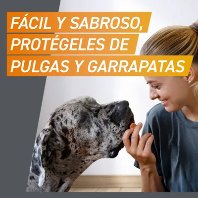 Fácil y sabroso, protege contra pulgas y garrapatas.