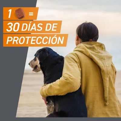 1 unidad = 30 días de protección. Mujer con chaqueta amarilla sostiene un perro negro en la playa.