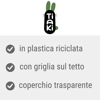 Tiaki. In plastica riciclata, con griglia sul tetto, coperchio trasparente.