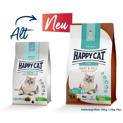 Karma dla kotów Happy Cat Haut & Fell Skin & Coat, Sensitive 1+ years, opakowania 300 g, 1,3 kg i 4 kg. Widoczny kot, symbole składników, tekst po niemiecku: Neu.