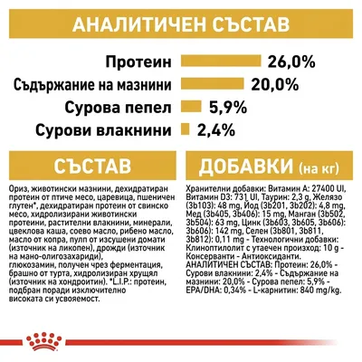 Анализ: протеин 26%, мазнини 20%, сурова пепел 5,9%, сурови влакнини 2,4%. Списък на съставките и съставки с витамини, минерали и хранителни стойности на български. Анализ: протеин 26%, мазнини 20%, сурова пепел 5,9%, сурови влакнини 2,4%. Списък на съставките и съставки с витамини, минерали и хранителни стойности на български.