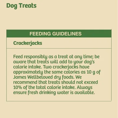 Feeding guidelines for Crackerjacks: feed as a treat, do not exceed 10% of total calorie intake, two treats equal calories in 10g James Wellbeloved dry food, always provide fresh water.