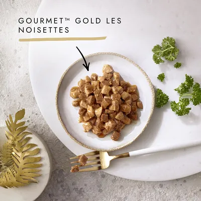 Assiette de bouchées en sauce avec texte visible : GOURMET™ GOLD LES NOISETTES. Fourchette dorée et persil frais à côté.