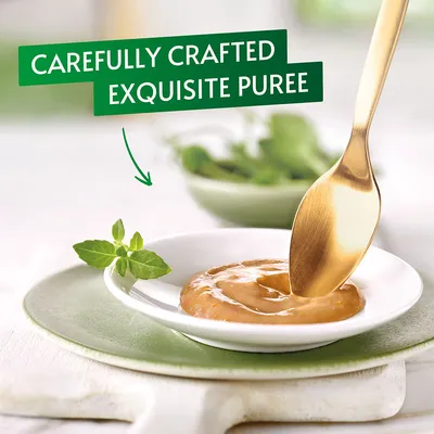 Carefully crafted exquisite puree. Feine Püree-Konsistenz mit goldener Löffelspitze, dekoriert mit frischen Kräutern auf weissem Teller.