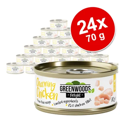 Greenwoods Delight Charming Chicken, getreidefrei, limitierte Zutaten, 75% Hühnerfilet. Packung mit 24 Dosen à 70 g.
