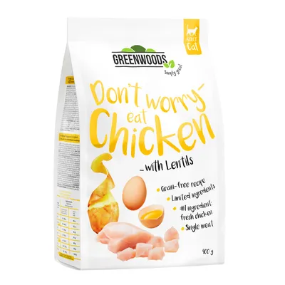 Greenwoods Adult Cat tørfoder, 'Don't worry eat Chicken with Lentils', kornfri, begrænsede ingredienser, hovedingrediens frisk kylling, enkelt kød, 400g.