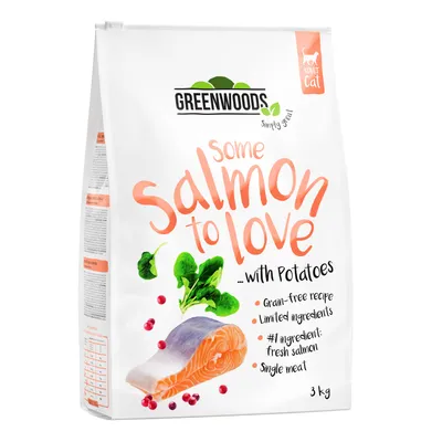 Greenwoods Simply Great Adult Cat kuivaruoka, maku: Some Salmon to Love perunalla, viljaton, tuore lohi pääraaka-aineena, yksi proteiini, rajatut ainesosat, pakkauskoko: 3 kg.