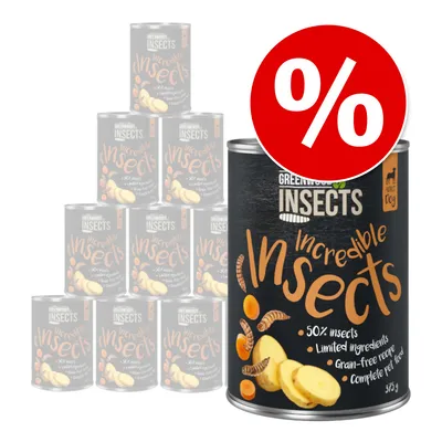 Lot de boîtes GREENWOODS INSECTS Incredible Insects pour chien adulte, 50 % insects, limited ingredients, grain-free recipe, complete pet food, 375 g. Symbole de réduction en haut à droite.