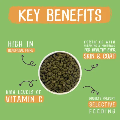 Key benefits: high in beneficial fibre, high levels of vitamin C, fortified with vitamins and minerals for healthy eyes, skin and coat, nuggets prevent selective feeding.