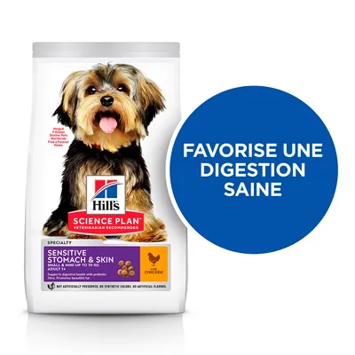 Sac Hill's Science Plan Sensitive Stomach & Skin Small & Mini Adult 1+ au poulet, texte visible : Favorise une digestion saine, avec croquettes illustrées sur l'emballage.