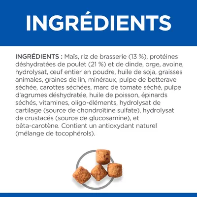 Ingrédients : maïs, riz de brasserie (13 %), protéines déshydratées de poulet (21 %) et de dinde, orge, avoine, hydrolysat, œuf entier en poudre, huile de soja, graisses animales, graines de lin, minéraux.