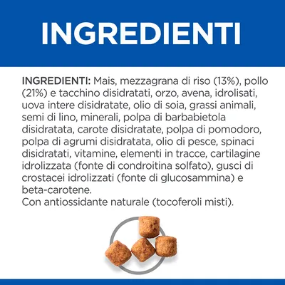 INGREDIENTI: mais, riso 13%, pollo 21%, tacchino disidratati, orzo, avena, idrolisati, uova intere disidratate, olio di soia, grassi animali, semi di lino, minerali, polpa di barbabietola, carote, pomodoro, agrumi, olio di pesce, spinaci, vitamine, cartilagine e crostacei idrolizzati, beta-carotene, tocoferoli.