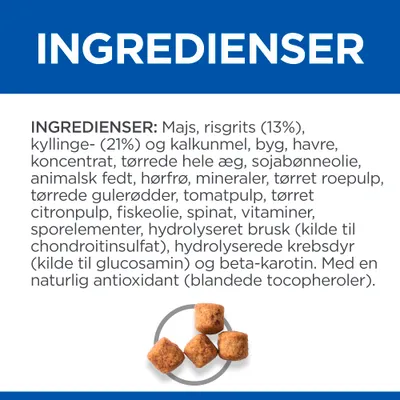INGREDIENSER: Majs, risgrits (13 %), kyllinge- (21 %) og kalkunmel, byg, havre, koncentrat, tørrede hele æg, sojabønneolie, animalsk fedt, hørfrø, mineraler, tørret roepulp m.m.