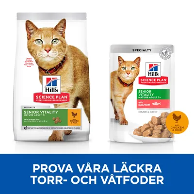 Hill's Science Plan Senior Vitality Mature Adult 7+ torrfoder med kyckling och ris samt våtfoder med lax. Text: Prova våra läckra torr- och våtfoder.