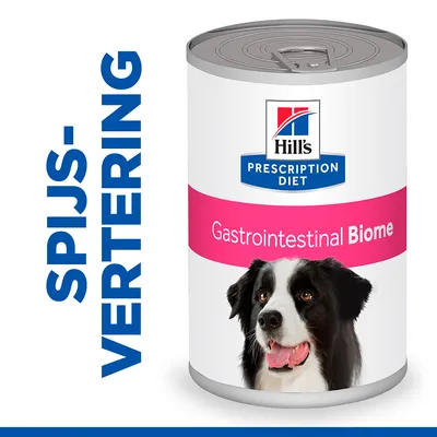 Hill's Prescription Diet Gastrointestinal Biome natvoer voor honden, blik met afbeelding van hond. Zichtbare tekst: SPIJSVERTERING.