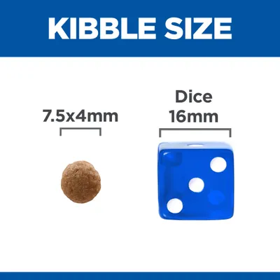 Veličina granule: 7,5×4 mm prikazana pored plave kocke veličine 16 mm za usporedbu. Tekst na engleskom: Kibble size, Dice 16mm.