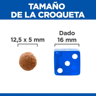 Tamaño de la croqueta: 12,5 x 5 mm junto a un dado azul de 16 mm para comparación visual.