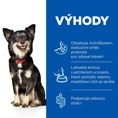 Výhody: Obsahuje ActivBiome+, exkluzivní směs probiotik pro zdravé trávení. Lahodné krmivo s ječmenem a ovsem. Podporuje zdravou stolici.